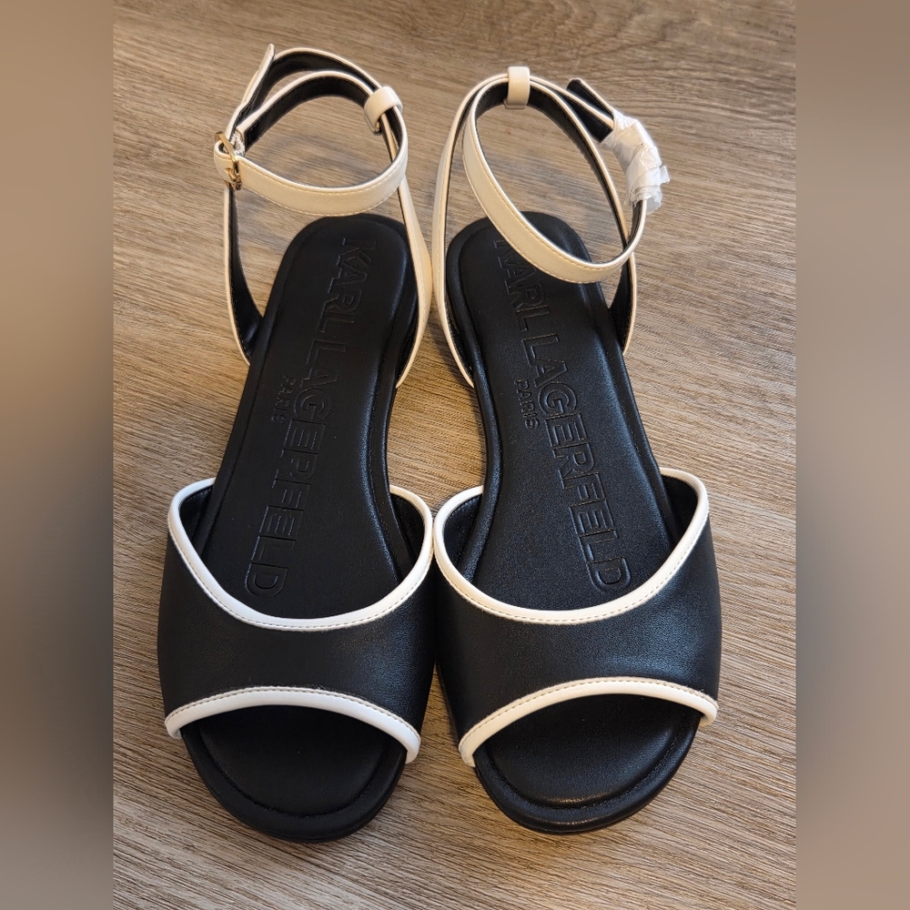 Karl Lagerfeld Black and White Ankle-Strap Open-Toe Sandals - Picture 3 of 5